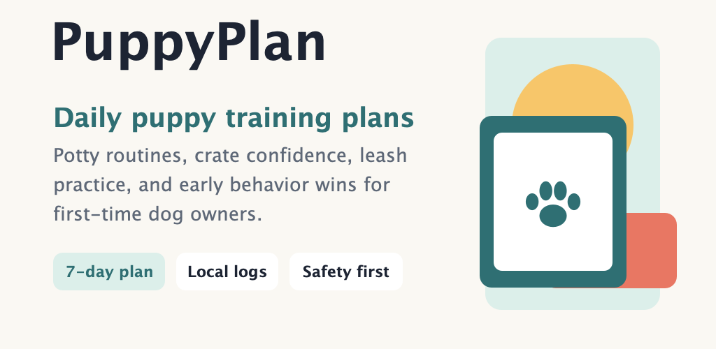 PuppyPlan feature graphic with app branding and training plan message.