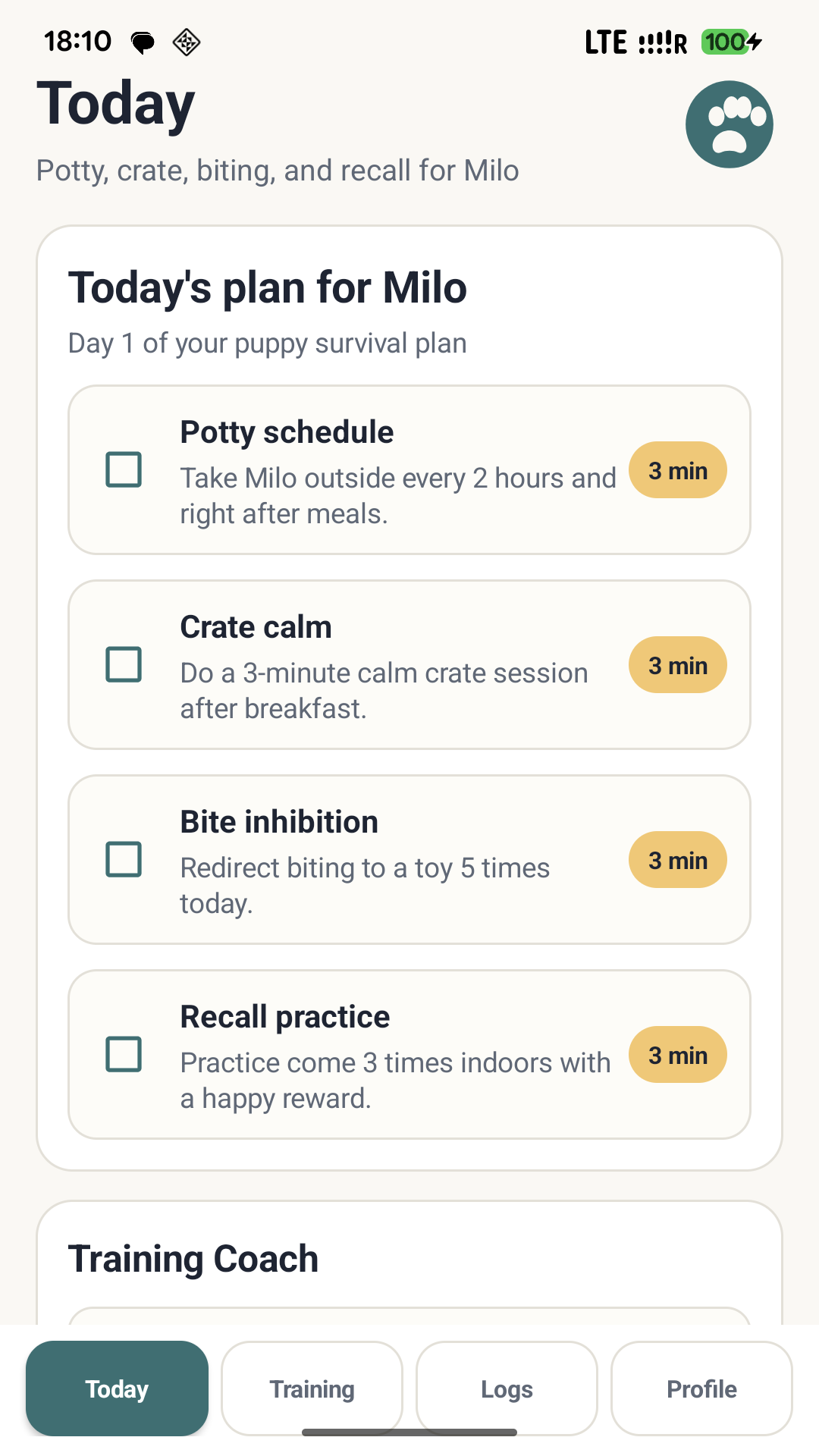 PuppyPlan Today screen with a daily puppy training plan.
