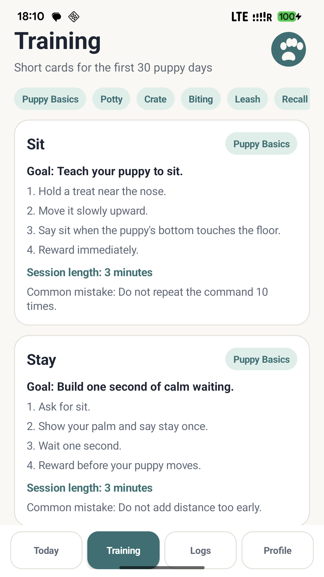 PuppyPlan Training screen with puppy training cards.