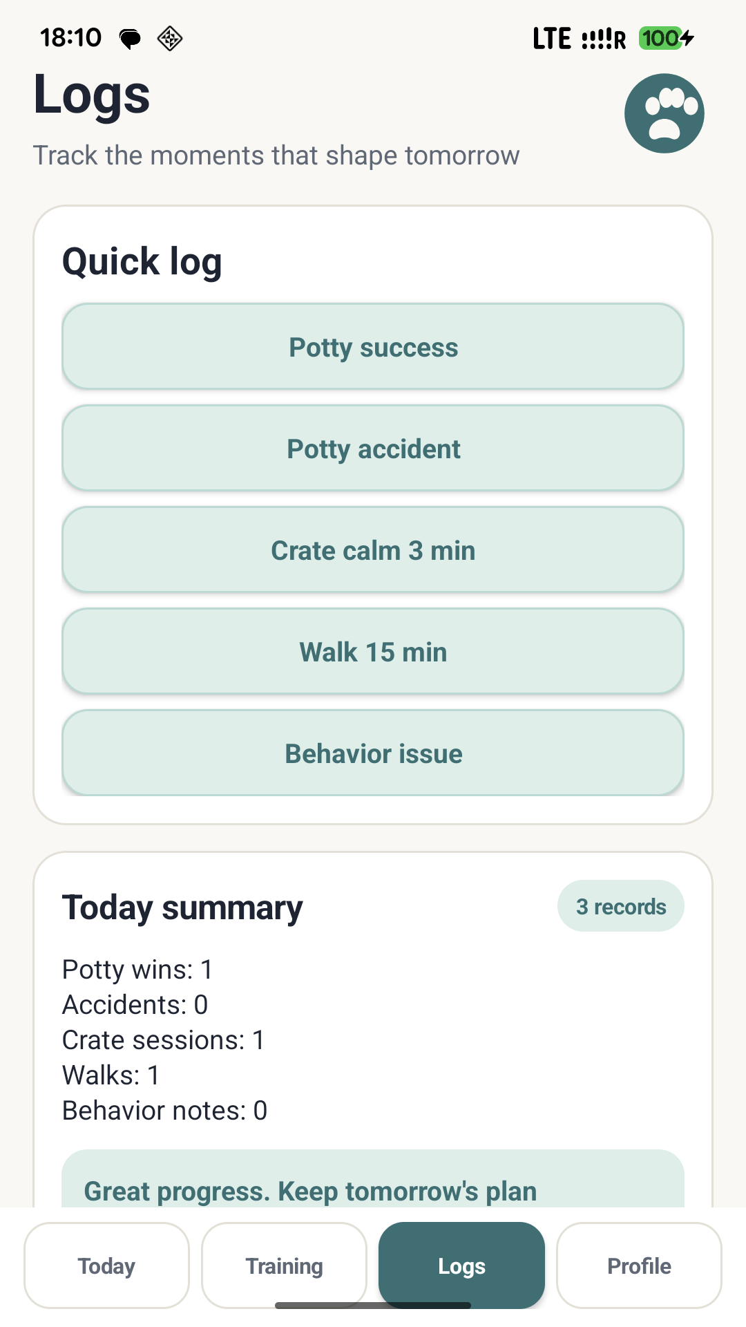 PuppyPlan Logs screen with quick log buttons and a daily summary.