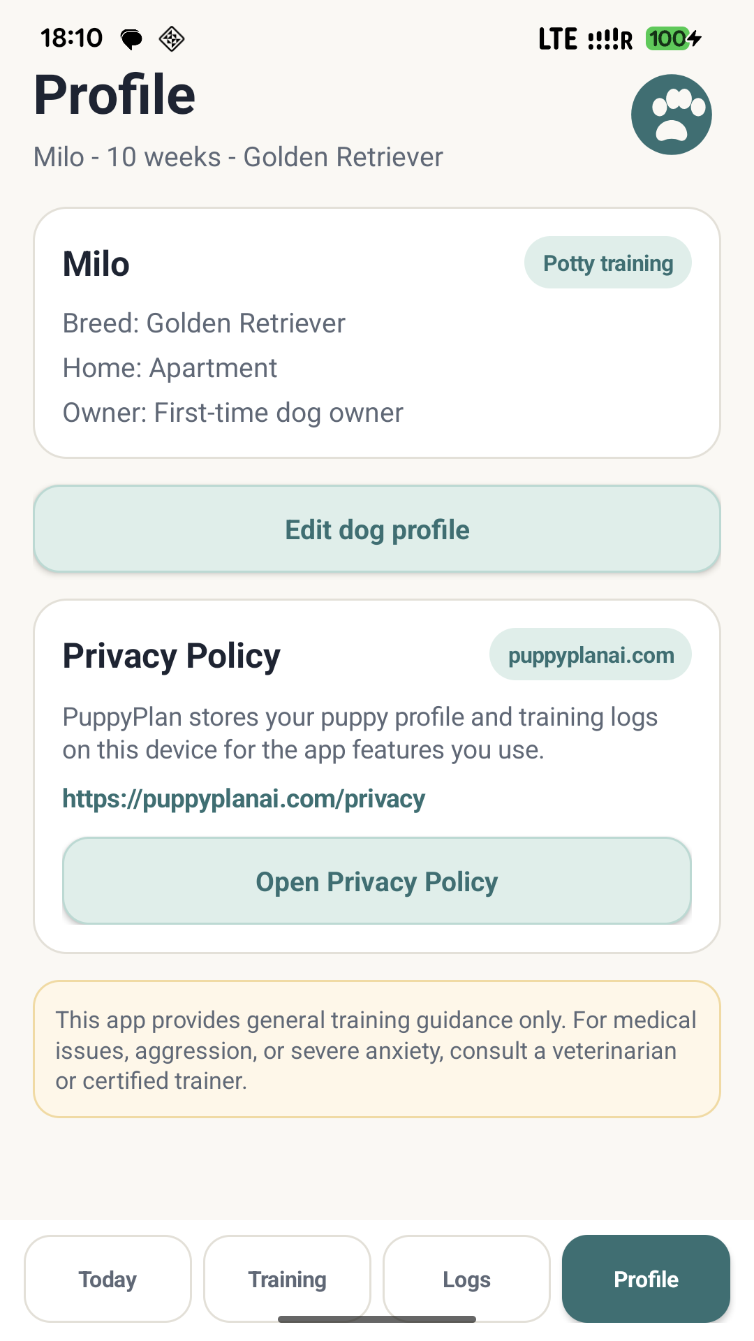 PuppyPlan Profile screen with privacy policy and dog profile.